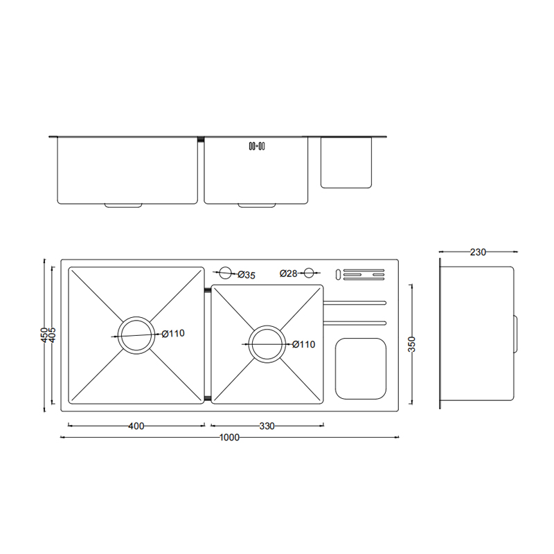 Middle Concave Double Bowl Sink with Drainboard